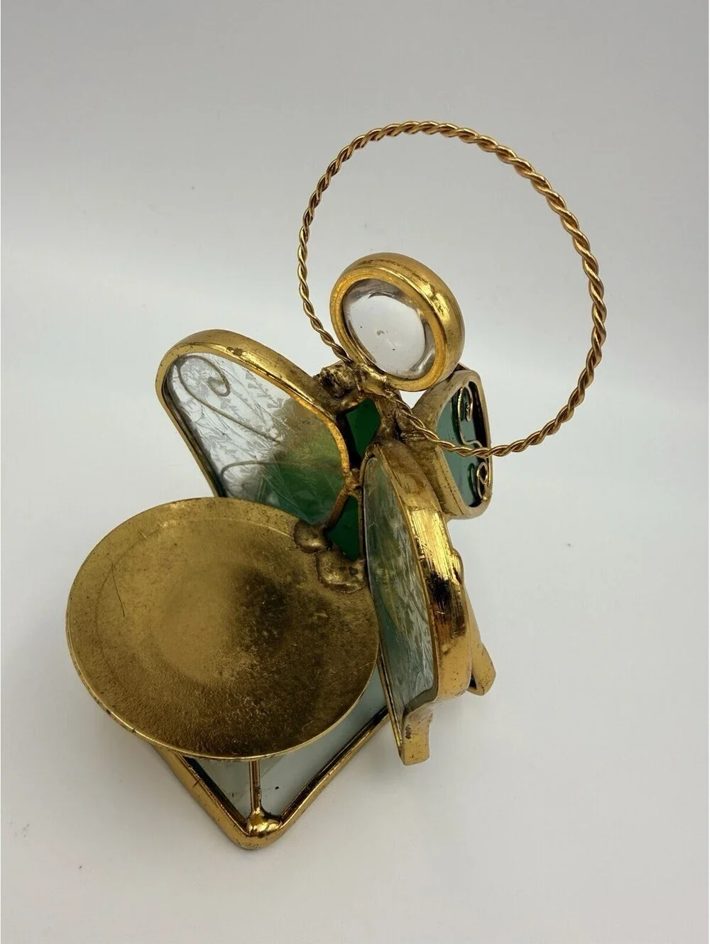 Vintage Stained Glass Green & Gold Tone Metal Angel Tealight Votive Holder 4.5